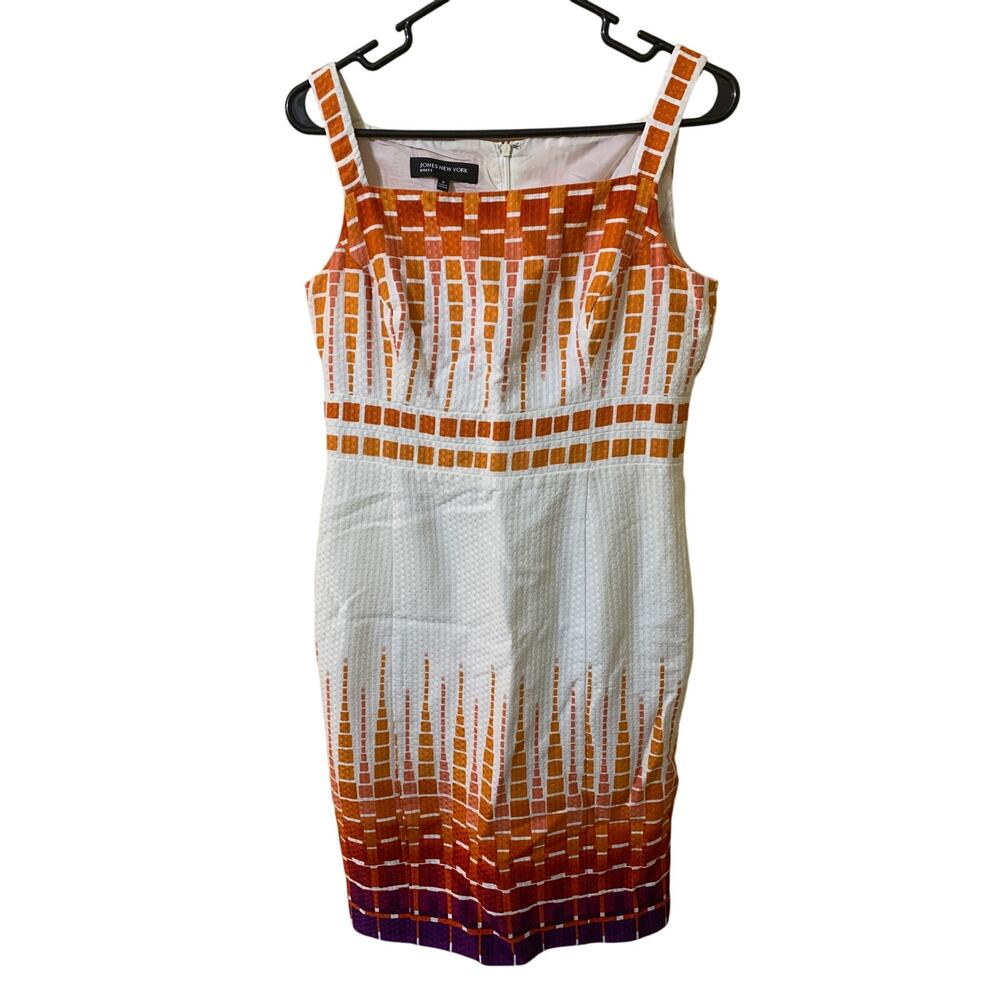 Jones New York Sleeveless Dress Orange and Purple Geometrical Squares Size 6